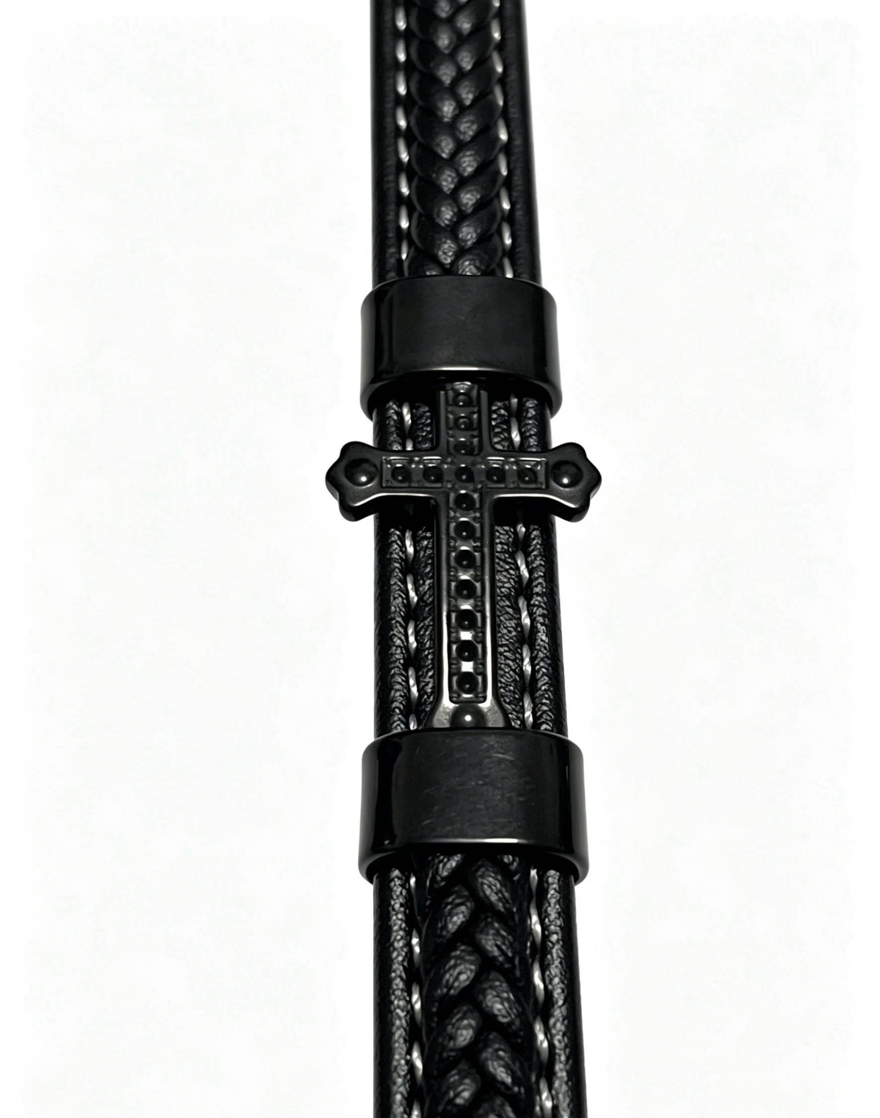 Chrome Hearts Black Leather Bracelet with Cross Clasp